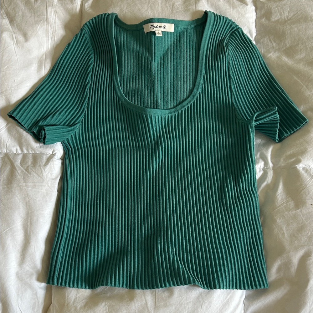 Madewell Teal Ribbed Short Sleeve Scoop Neck Top